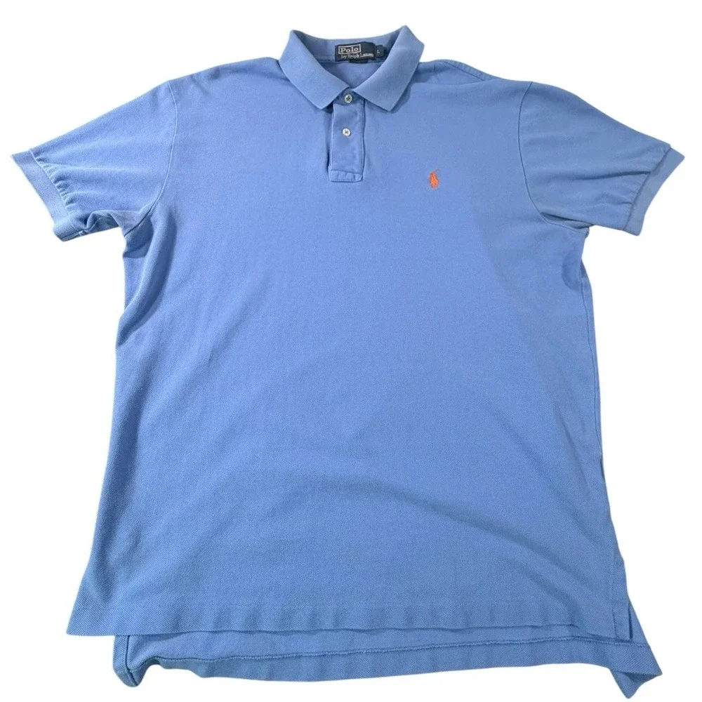 Polo Ralph Lauren Mens Blue Polo Shirt Orange Pony Cotton Classic Fit Size L